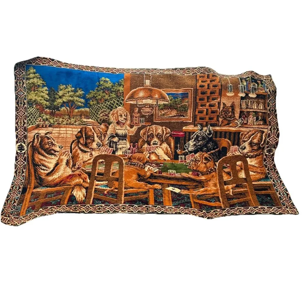 Vintage Dogs Playing Poker Tapestry Wall Hanging Decor‎ Man Cave Art 39”X55” EUC